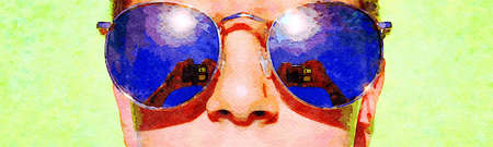 A person with sunglasses reflecting the sun and his hands while taking a selfie. Digital watercolors...