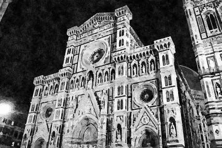 A black and white nocturnal view of the cathedral of Florence. Digital watercolors painting.の写真素材