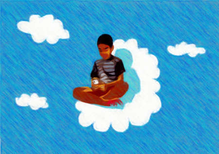A little boy sitting on a cloud plays with his smartphone. Digital pastel paintingの写真素材