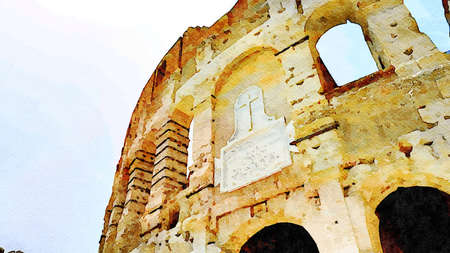 Watercolor painting of a glimpse of the ruin of one of the amphitheaters in Rome in Italy.の写真素材