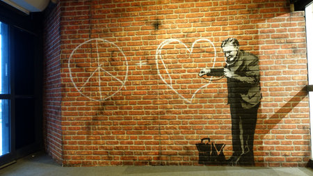 Stockholm, Sweden, December 29 2023. Art exhibition. The mystery of Banksi. A genius mind. Heart.のeditorial素材
