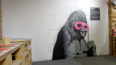 Stockholm, Sweden, December 29 2023. Art exhibition. The mystery of Banksi. A genius mind. Gorilla.のeditorial素材