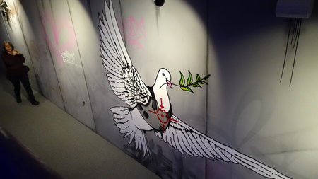 Stockholm, Sweden, December 29 2023. Art exhibition. The mystery of Banksy. A genius mind. Dove.のeditorial素材