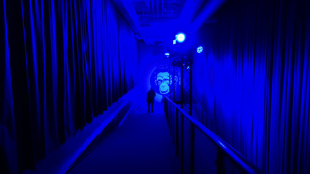 Stockholm, Sweden, December 29 2023. Art exhibition. The mystery of Banksy. A genius mind. Blue.