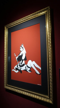 Stockholm, Sweden, December 29 2023. Art exhibition. The mystery of Banksy A genius mind. The queen.のeditorial素材