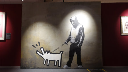 Stockholm, Sweden, December 29 2023. Art exhibition. The mystery of Banksy A genius mind. Dog.のeditorial素材