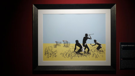 Stockholm, Sweden, December 29 2023. Art exhibition. The mystery of Banksy A genius mind. Hunters.のeditorial素材