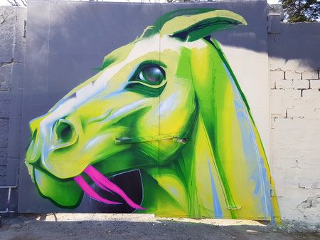 Stockholm, Snosatra, Sweden, May 13 2021. Graffiti exhibition on the outskirts of the city. Horse.のeditorial素材