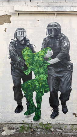 Stockholm, Snosatra, Sweden, May 23 2021. Graffiti exhibition on the outskirts of the city. Arrest.のeditorial素材