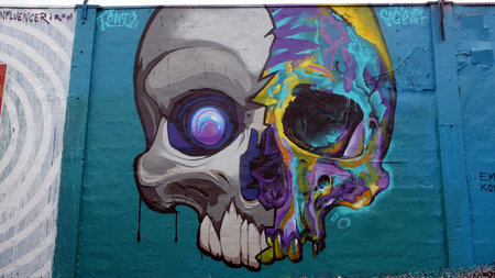 Stockholm, Snosatra, Sweden. May 12 2024. Spring beast. Graffiti exhibition on the outskirts of the city. Skull.のeditorial素材