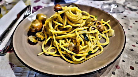 A plate of spaghetti with Mediterranean clams ready to be eaten.の写真素材