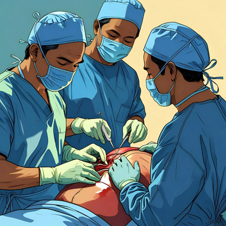 Three surgeons in blue gowns are operating on a patient.