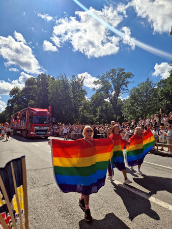 Stockholm, Sweden, August 2, 2025. A glimpse of the Gay Pride parade through the city streets.のeditorial素材