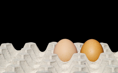 Eggs on the carton isolated on a black backgroundの写真素材