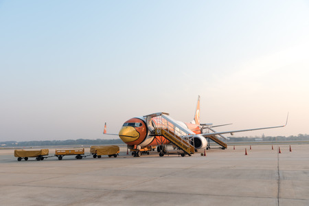 Phitsanulok, THAILAND - Febuary 9 : Nok Air Flight at Phitsanulok Airport on Febuary 9,2016 .Nokair is a major domestic lowcost airline in Thailand.のeditorial素材