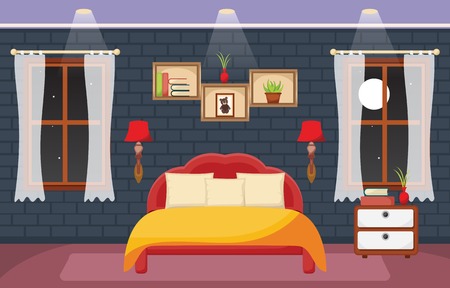 Bedroom Interior Sleeping Room Flat Design Illustrationのイラスト素材