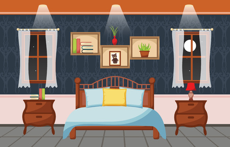 Bedroom Interior Sleeping Room Flat Design Illustrationのイラスト素材