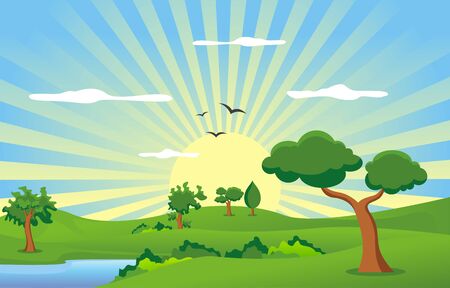 Mountains Hills Green Grass Tree Nature Landscape Skyのイラスト素材