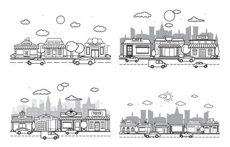 Store Front City Building Street Road Traffic Line Art Outlineのイラスト素材