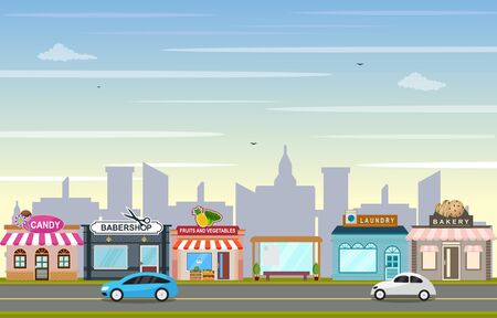 Shop Store Small Business Landscape in Town Urban with Tree Sky Illustrationのイラスト素材