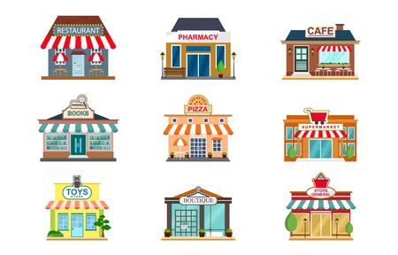 Store Facade Restaurant Pharmacy Shop Cafe Book Supermarket Front View Flat Iconのイラスト素材