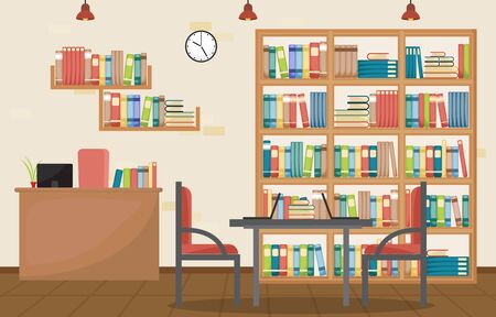 Public Library Interior Stack of Book on Bookshelf Flat Designのイラスト素材