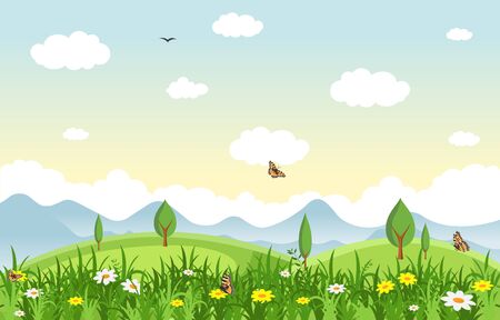 Summer Spring Green Valley Fresh Sky Outdoor Landscape Illustrationのイラスト素材