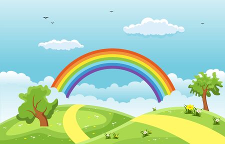 Summer Spring Green Valley Rainbow Outdoor Landscape Illustrationのイラスト素材