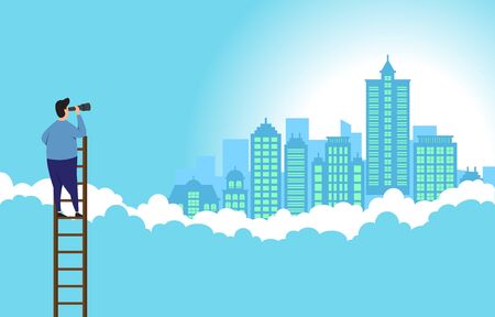 Businessman on Ladder Looking at Target Vision For Success Business Concept Illustrationのイラスト素材