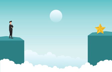 Businessman on Cliff Thinking How to Reach Target with Obstacle Business Concept Illustrationのイラスト素材