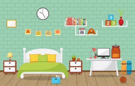 Student Study Desk Table Bedroom Interior Room Furniture Flat Designのイラスト素材