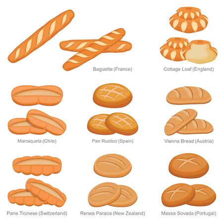 Baguette Cottage Loaf and Famous Unique Bread of Countries Setのイラスト素材