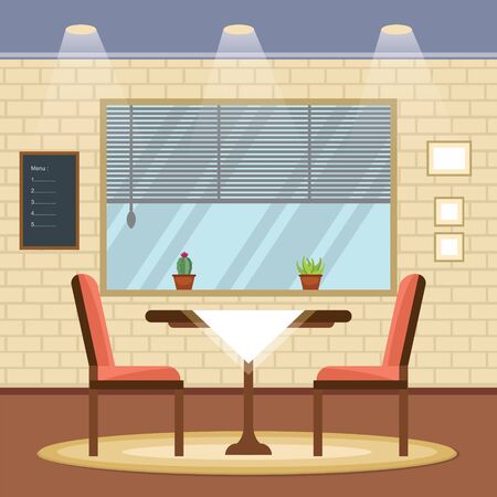 Modern Empty Cafe Restaurant Interior Furniture Flat Vector Illustrationのイラスト素材