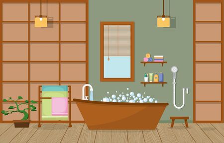 Japanese Bathroom Residential Traditional Style Wood Accent Interior Illustrationのイラスト素材
