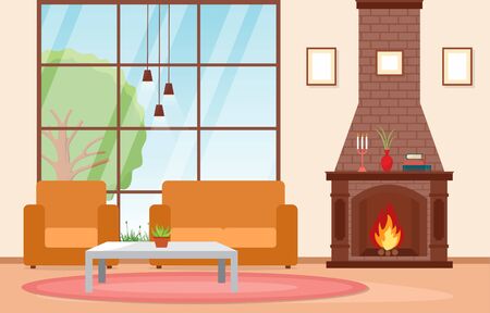 Fireplace Living Room Family House Interior Furniture Vector Illustrationのイラスト素材
