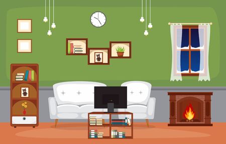 Fireplace Living Room Family House Interior Furniture Vector Illustrationのイラスト素材