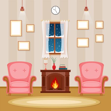 Fireplace Living Room Family House Interior Furniture Vector Illustrationのイラスト素材