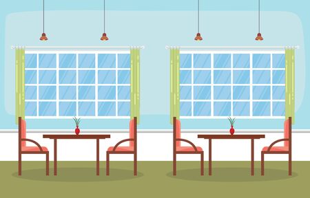 Modern Empty Cafe Restaurant Interior Furniture Flat Vector Illustrationのイラスト素材