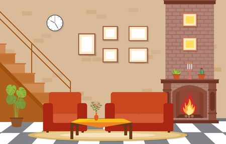 Fireplace Living Room Family House Interior Furniture Vector Illustrationのイラスト素材