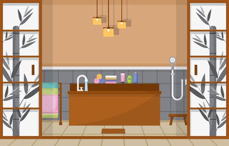 Japanese Bathroom Residential Traditional Style Wood Accent Interior Illustrationのイラスト素材