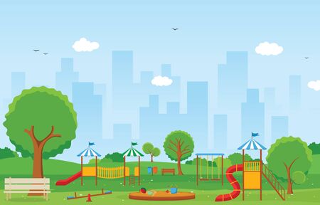 City Park in Summer with Kid Playground Playing Equipment Illustrationのイラスト素材