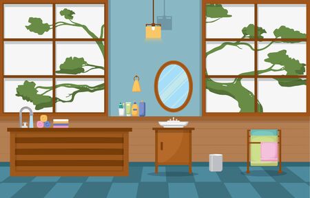 Japanese Bathroom Residential Traditional Style Wood Accent Interior Illustrationのイラスト素材