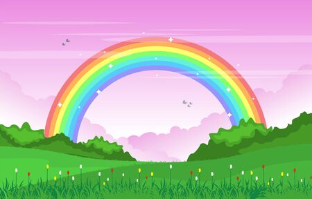Beautiful Rainbow Sky with Green Meadow Mountain Nature Landscape Illustrationのイラスト素材