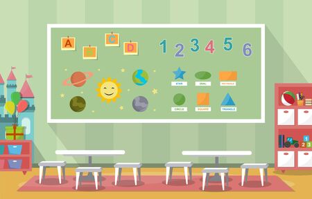 Kindergarten Classroom Interior Children Kids School Toys Furniture Vector Illustrationのイラスト素材