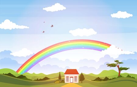 Beautiful Rainbow Sky with Green Meadow Mountain Nature Landscape Illustrationのイラスト素材