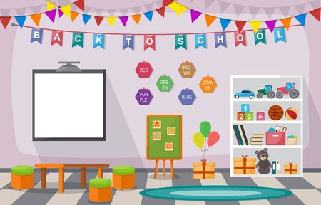 Kindergarten Classroom Interior Children Kids School Toys Furniture Vector Illustrationのイラスト素材