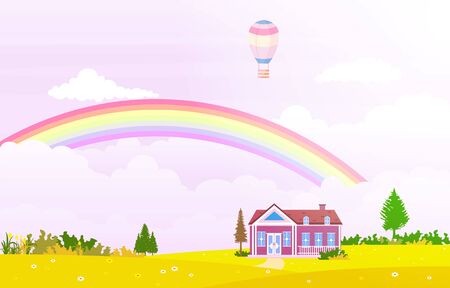 Beautiful Rainbow Sky with Green Meadow Mountain Nature Landscape Illustrationのイラスト素材