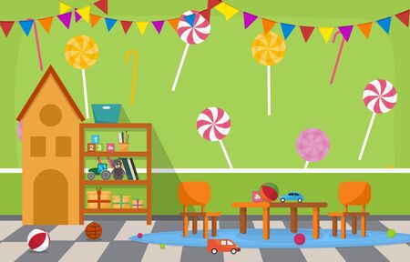 Kindergarten Classroom Interior Children Kids School Toys Furniture Vector Illustrationのイラスト素材
