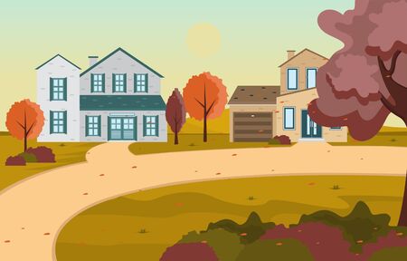 Beautiful City Park in Fall Autumn with Building Skyline Illustrationのイラスト素材