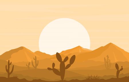 Day in Vast Desert Rock Hill Mountain with Cactus Horizon Landscape Illustrationのイラスト素材